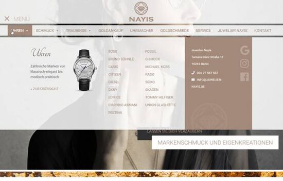 Webdesign, Megamenu für Juwelier Nayis in Berlin Friedrichshain, Referenz